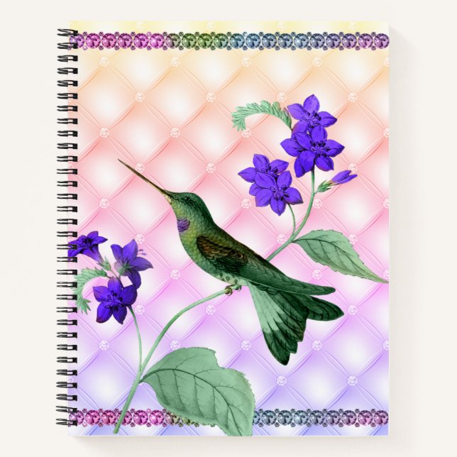 Green Hummingbird on Purple Flower Stem Deluxe Notebook (Front)