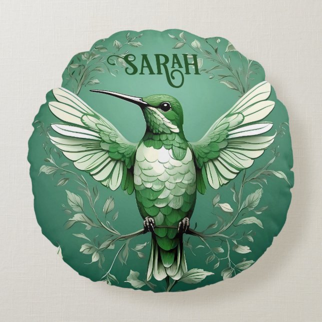 Green Hummingbird Personalised Name  Round Cushion (Front)