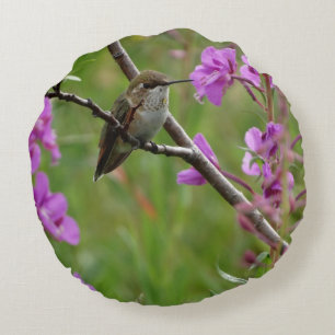 Green Hummingbird purple pink floral background Round Cushion