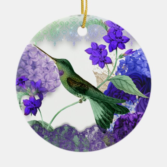 Green Hummingbird, Serenity Prayer, purple florals Ceramic Tree Decoration (Front)