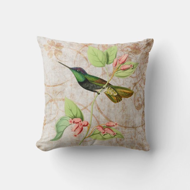 Green Hummingbird Vintage Illustration Cushion (Front)
