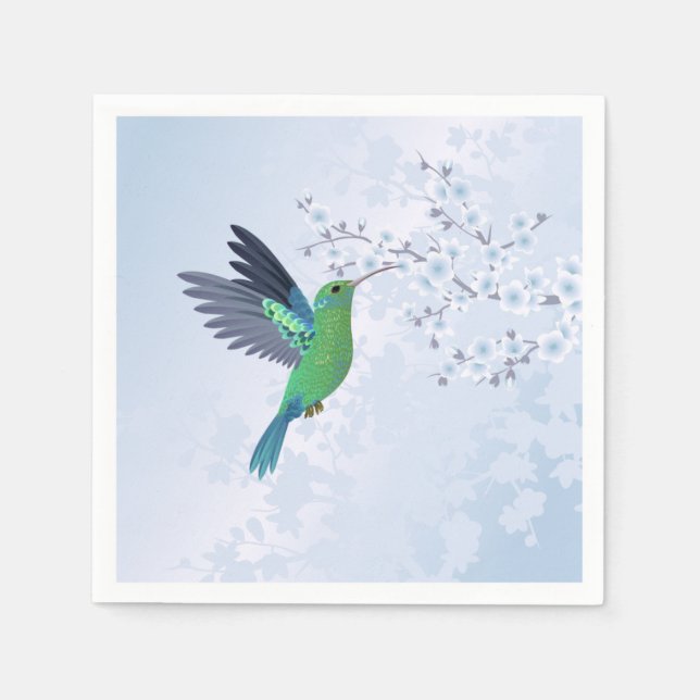 Green Hummingbird With Blue Cherry Blossom Napkin (Front)