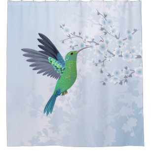 Green Hummingbird With Blue Cherry Blossom Shower Curtain