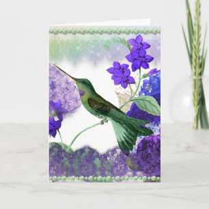 Green Hummingbird with flowers, lace, pearls card