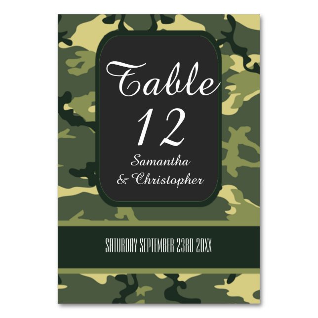 Green hunting or military camo wedding table number (Back)