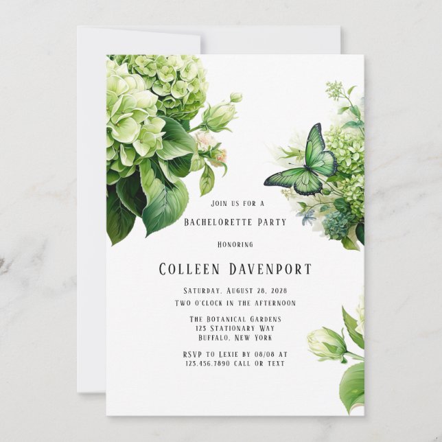 Green Hydrangea Butterfly Bachelorette Party Invitation (Front)