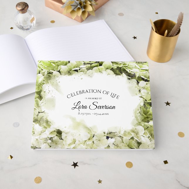 Green Hydrangea Celebration of Life Memorial Guest Book (Front Open)