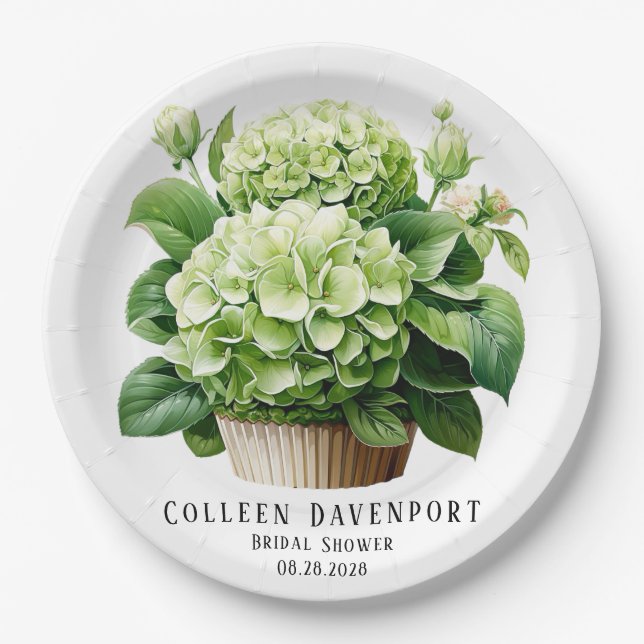 Green Hydrangea Floral Butterfly Bridal Shower Paper Plate (Front)