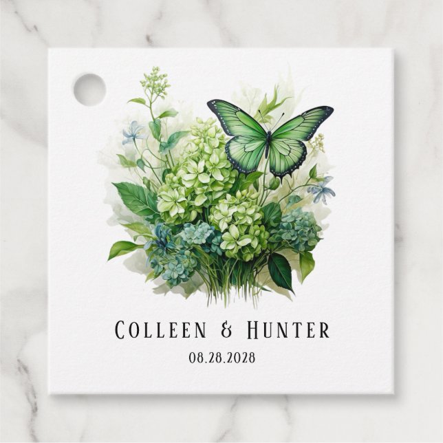  Green Hydrangea Floral Butterfly Favour Tag (Front)