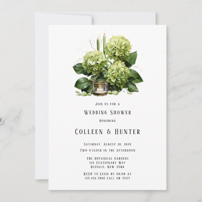 Green Hydrangea Floral Candle Wedding Shower Invitation (Front)