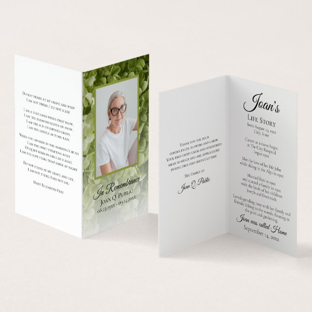 Green Hydrangea Floral Funeral Memorial Prayer Business Card (Inside and Outside)