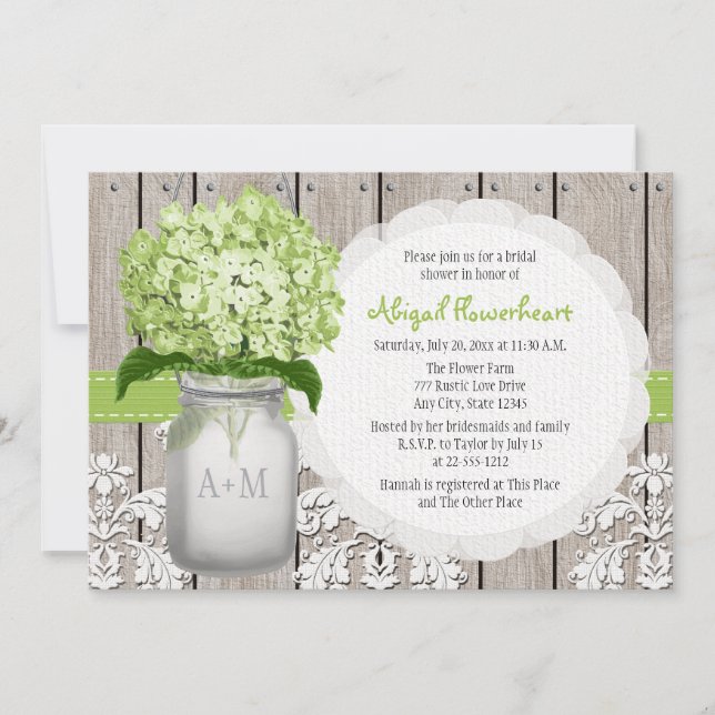 Green Hydrangea Monogram Mason Jar Bridal Shower Invitation (Front)