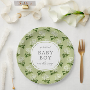 Green Hydrangea Pattern Sweet Baby Gender Neutral Paper Plate