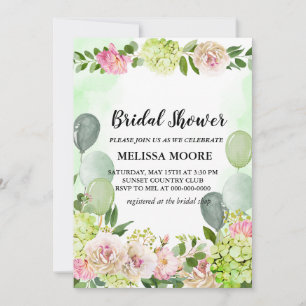 Green Hydrangea Pink Floral Balloons Bridal Shower Invitation