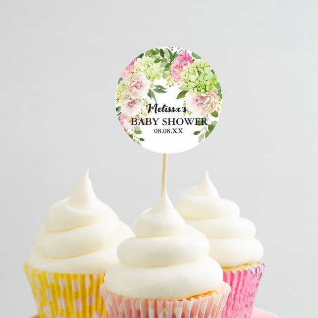 Green hydrangea pink florals cupcake toppers classic round sticker (Creator Uploaded)