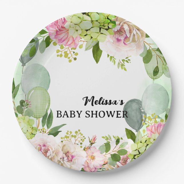 Green hydrangea pink florals sage green balloons  paper plate (Front)