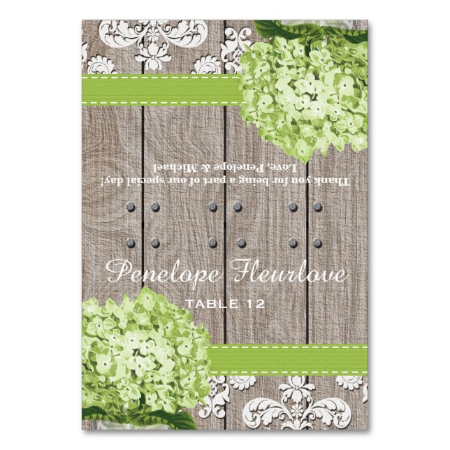 Green Hydrangea Ribbon DIY Tent Place Card (Front)