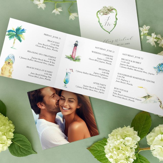 Green Hydrangea Wedding Day Schedule  Tri-Fold Announcement (Trifold wedding program designed with had painted art Florida watercolor artist Victoria Grigaliunas)