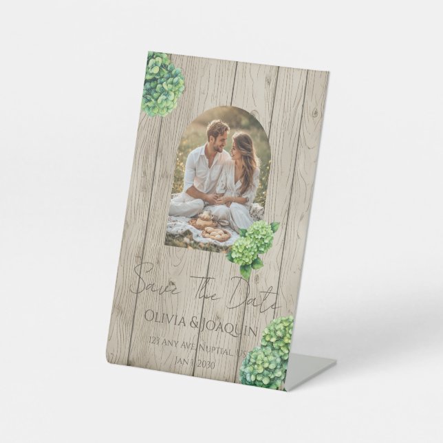 Green Hydrangea Wedding Invitation Pedestal Sign (Front)