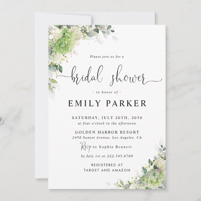 Green Hydrangeas Bridal Shower Invitation (Front)