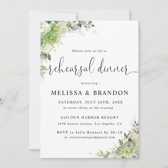 Green Hydrangeas Rehearsal Dinner Invitation (Front)