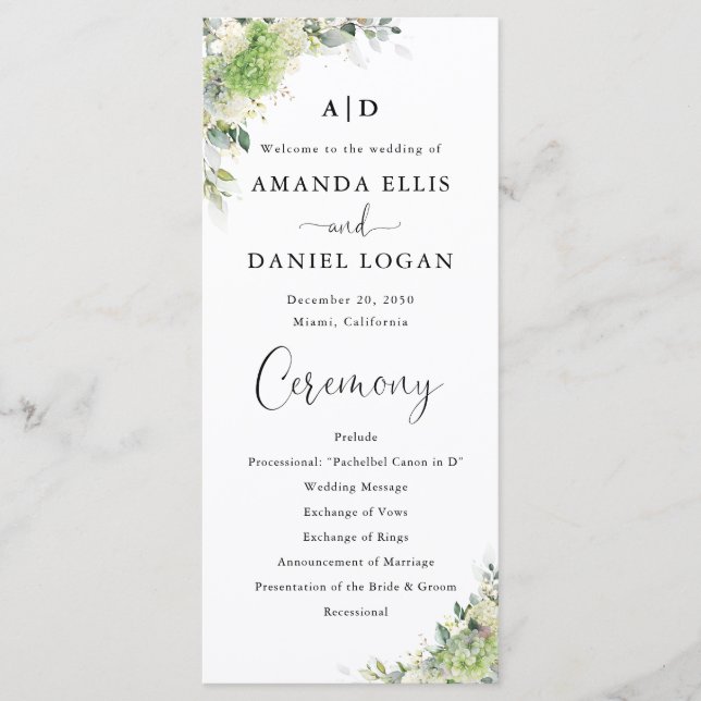 Green Hydrangeas Wedding Program Programme (Front)