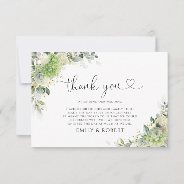 Green Hydrangeas Wedding Thank You Card (Front)