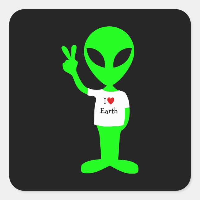 Green "I Love Earth" Alien Square Sticker (Front)