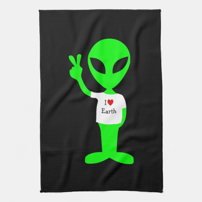 Green "I Love Earth" Alien Tea Towel (Vertical)