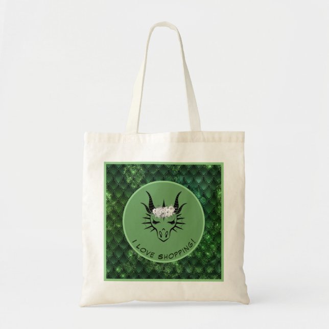 Green I Love Shopping Dragon Head & Scales Tote Bag (Front)