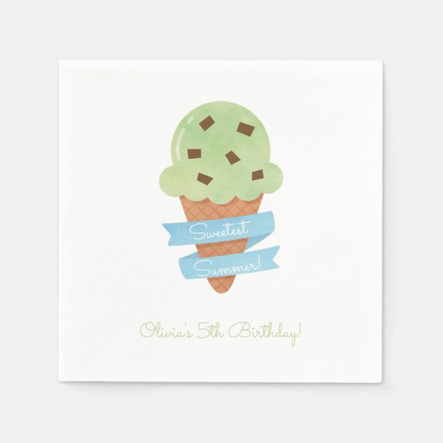 Green Ice Cream Cone Kids Birthday Party Napkins (Front)
