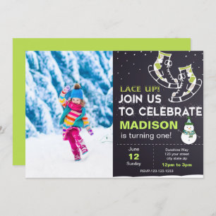 Green Ice Skate Birthday Invitation with photo