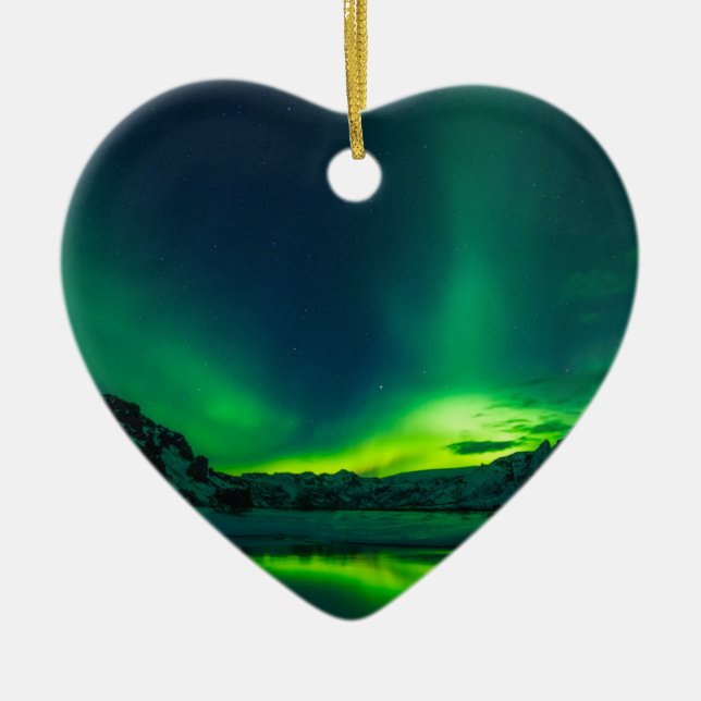 Green Iceland northern lights Ceramic Tree Decoration (Front)