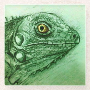Green Iguana Fine Glass Coaster, Realistic Drawing Coaster