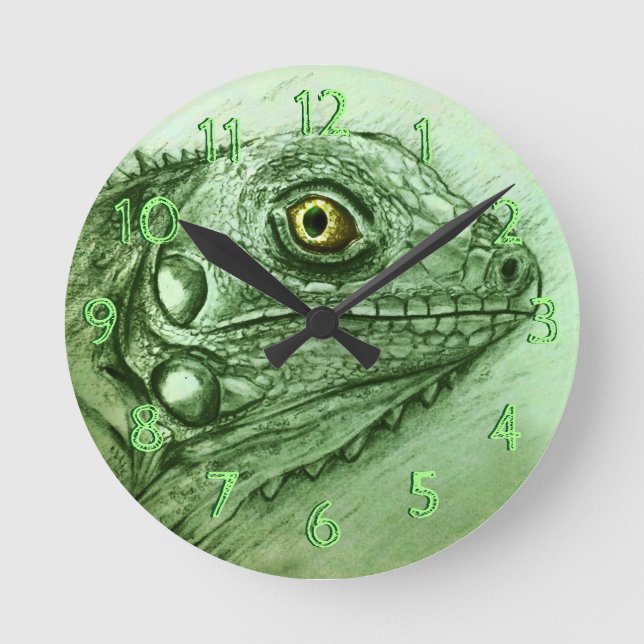 Green Iguana Round Clock, Realistic Drawing Clock (Front)