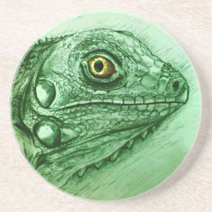 Green Iguana SandStone Coaster, Realistic Drawing Coaster