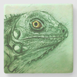 Green Iguana Stone Coaster, Realistic Drawing Coaster