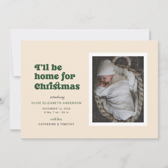 Green I'll Be Home for Christmas Birth Announcement (Front)