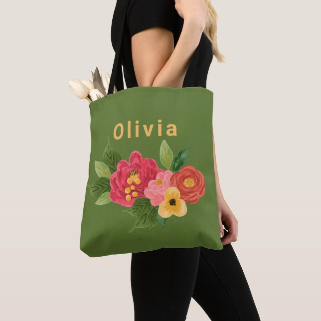 Green Illustrated Flower Custom Tote Bag (Close Up)
