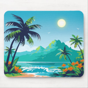 Green Illustrated Tropical Island Mouse Mat