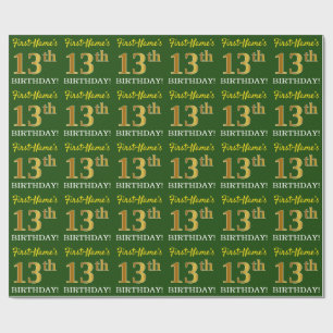 Green, Imitation Gold Look "13th BIRTHDAY" Wrapping Paper