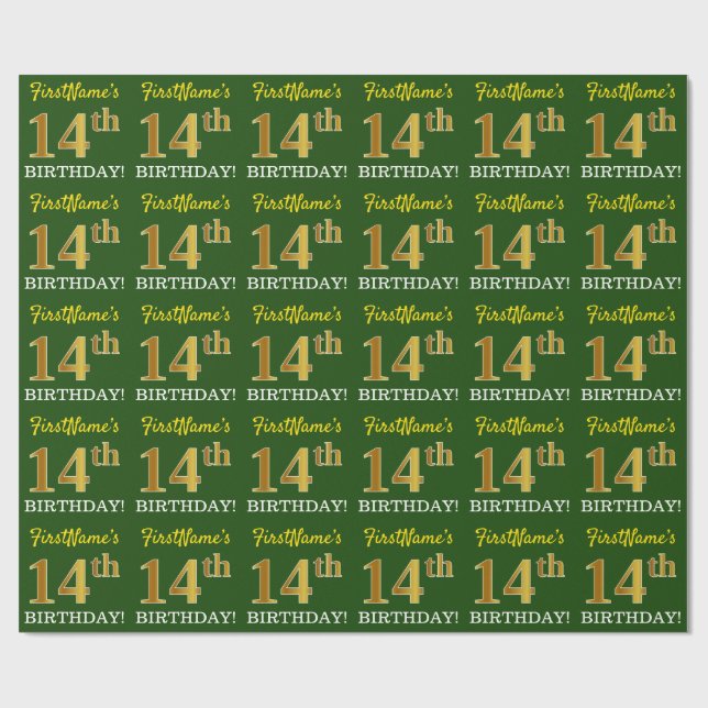 Green, Imitation Gold Look "14th BIRTHDAY" Wrapping Paper (Flat)