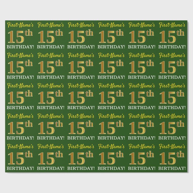 Green, Imitation Gold Look "15th BIRTHDAY" Wrapping Paper (Flat)