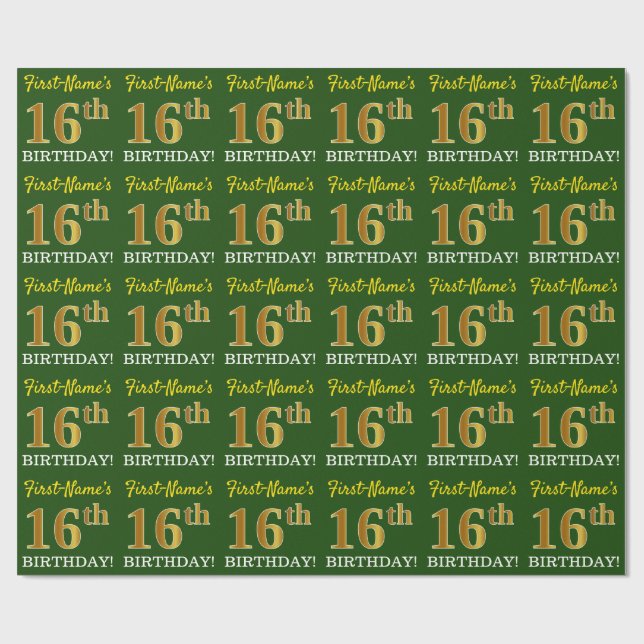 Green, Imitation Gold Look "16th BIRTHDAY" Wrapping Paper (Flat)