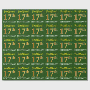 Green, Imitation Gold Look "17th BIRTHDAY" Wrapping Paper