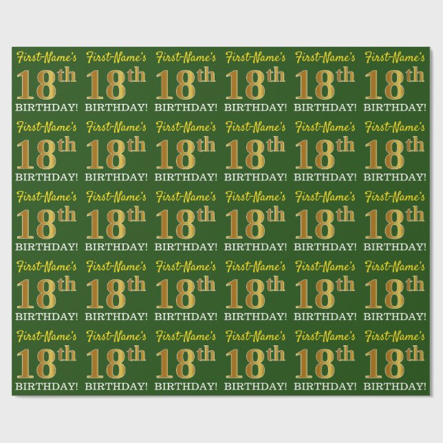 Green, Imitation Gold Look "18th BIRTHDAY" Wrapping Paper (Flat)