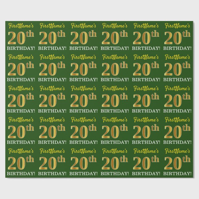 Green, Imitation Gold Look "20th BIRTHDAY" Wrapping Paper (Flat)