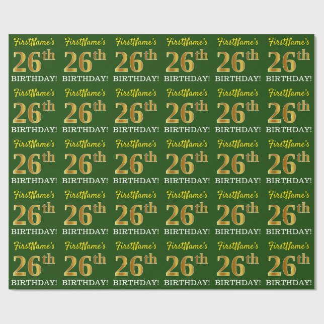 Green, Imitation Gold Look "26th BIRTHDAY" Wrapping Paper (Flat)