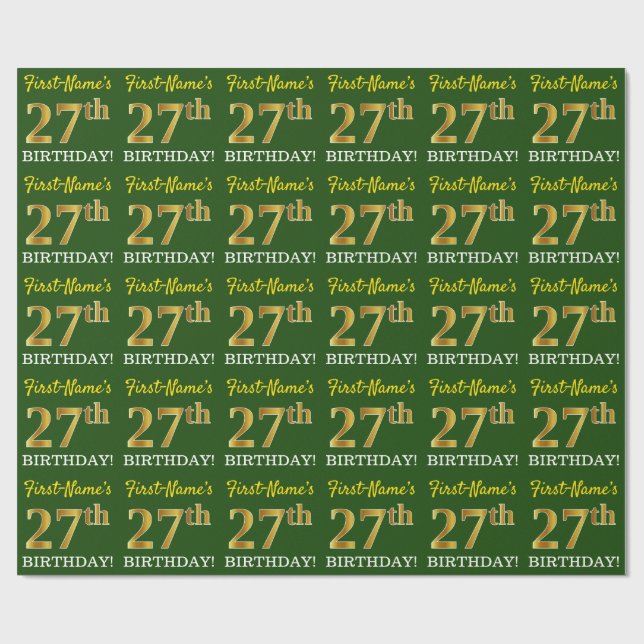 Green, Imitation Gold Look "27th BIRTHDAY" Wrapping Paper (Flat)