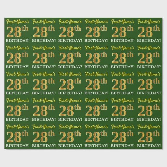 Green, Imitation Gold Look "28th BIRTHDAY" Wrapping Paper (Flat)